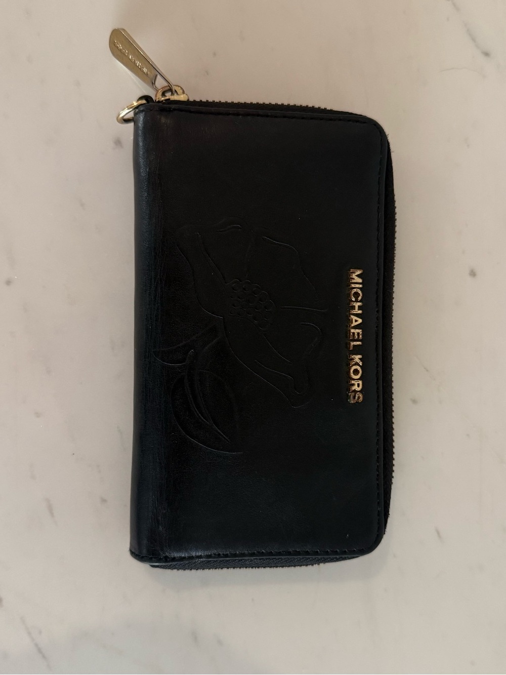 Michael Kors Black Leather Zip Wallet - Floral Embossed